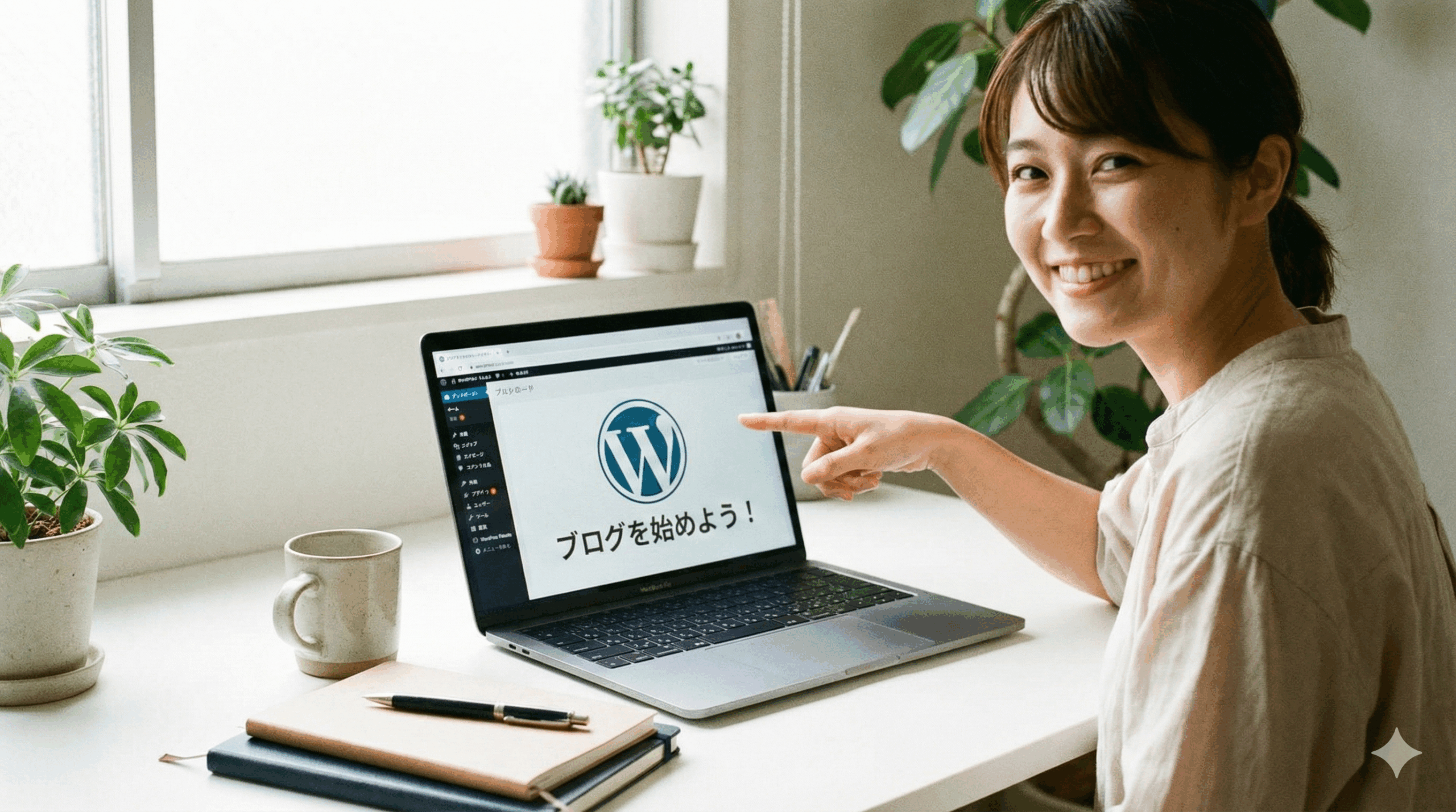 若い女性がパソコンを開いてパソコンの画面にはブログを始めようの文字とワードプレスのロゴ