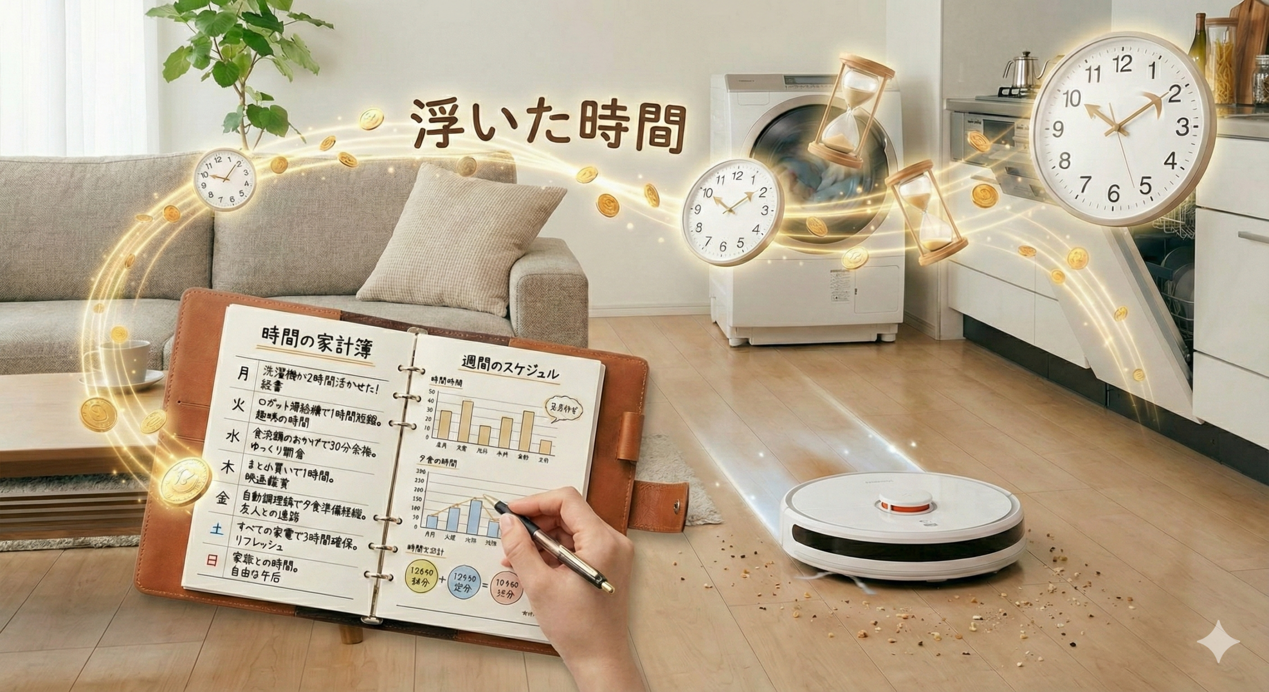 説明：リビングの床をロボット掃除機が自動で掃除している様子 ALTテキスト：ロボット掃除機で掃除の時間を削減して時短家電で時間が浮いたイメージ