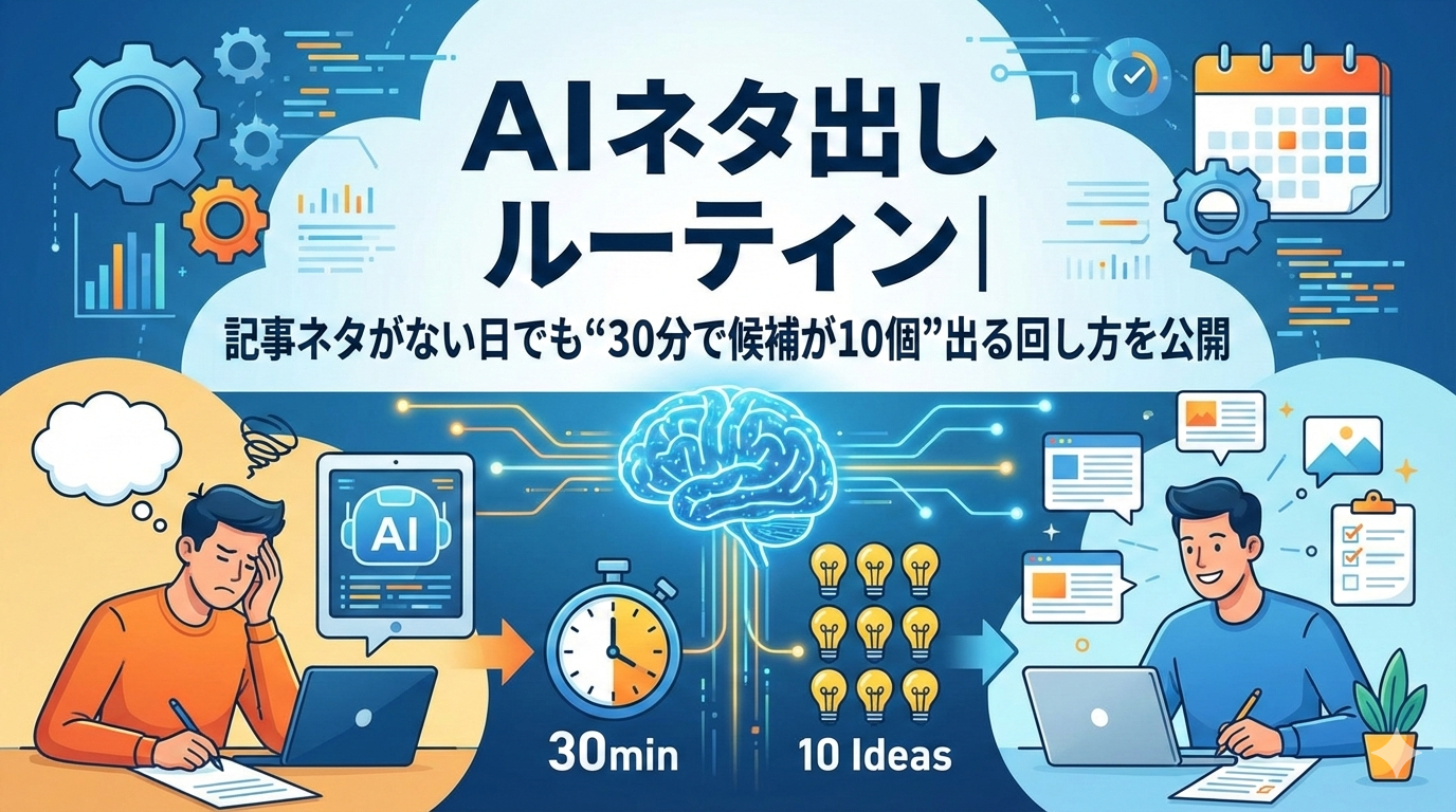 AI ネタ出し ルーティン｜記事ネタがない日でも“30分で候補が10個”出る回し方を公開 この記事のアイキャッチ画像