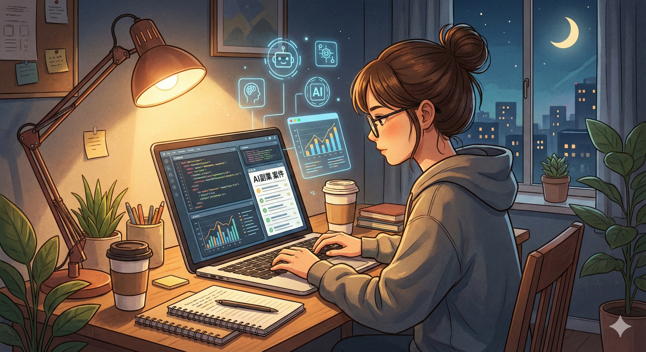 説明：自宅のデスクでノートPCを開き、夜に集中して作業している人物のイラスト（AI副業のイメージ） ALTテキスト：ai 副業 案件に取り組む人のイメージイラスト