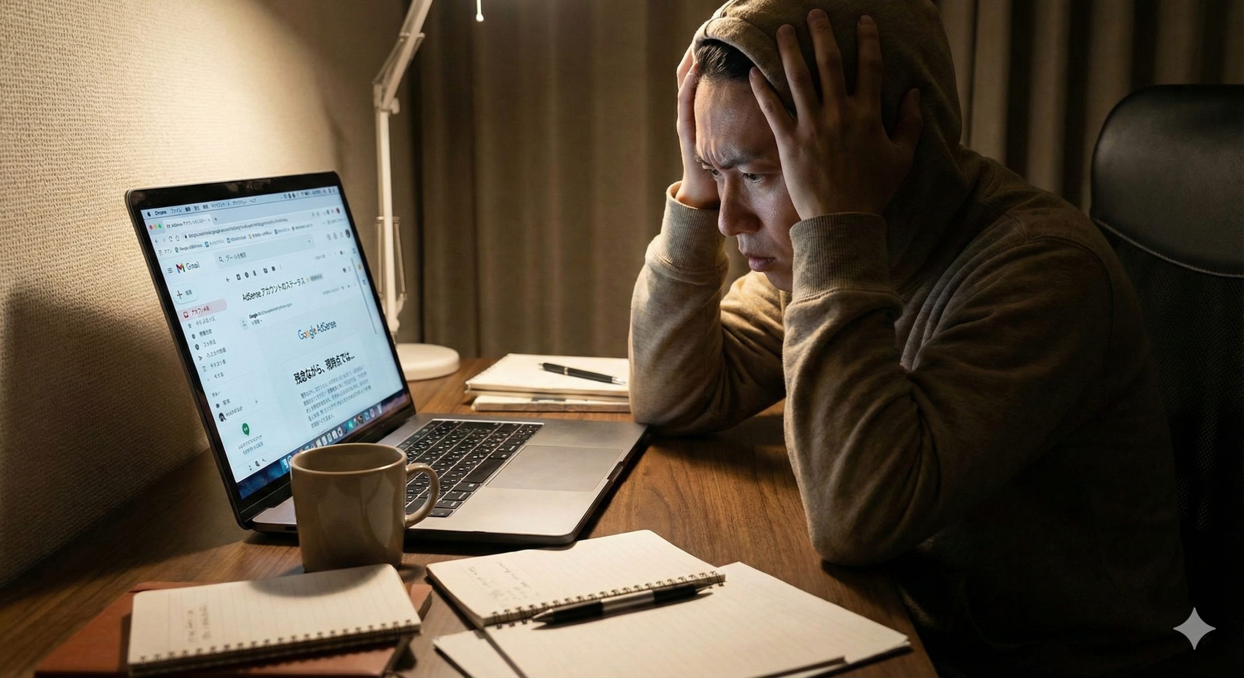 説明：Googleアドセンスの審査結果メールをPC画面で確認し、頭を抱えているブロガーのイメージ ALTテキスト：アドセンス 審査 落ちた やることに悩むブロガーのイメージ画像