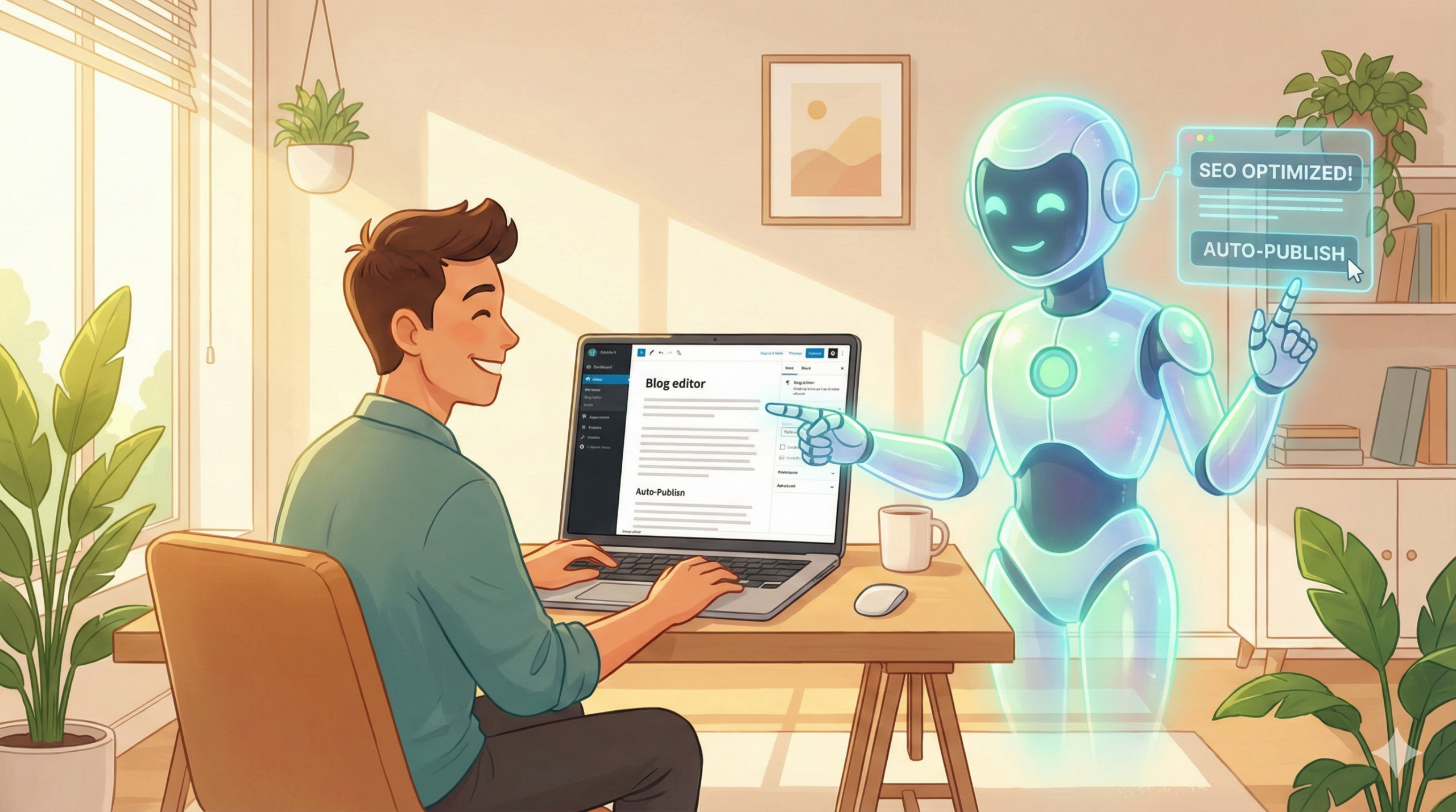 パソコンを開いてる男性とAIエージェントが会話しているイメージ家族