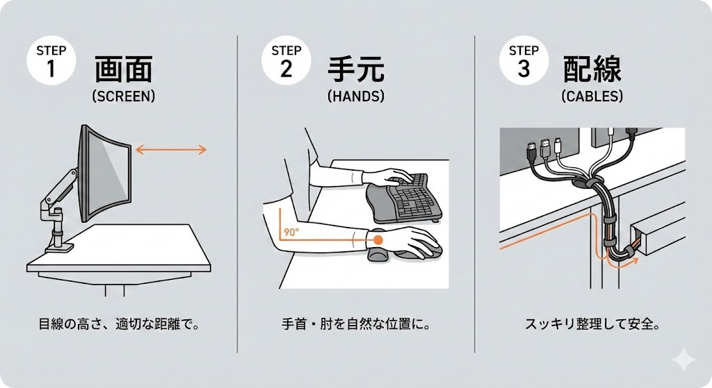 説明：設置手順（画面→手元→配線）を3ステップで示すミニ図解  ALTテキスト：在宅ワーク デスク周り ガジェットの整え方3ステップ
