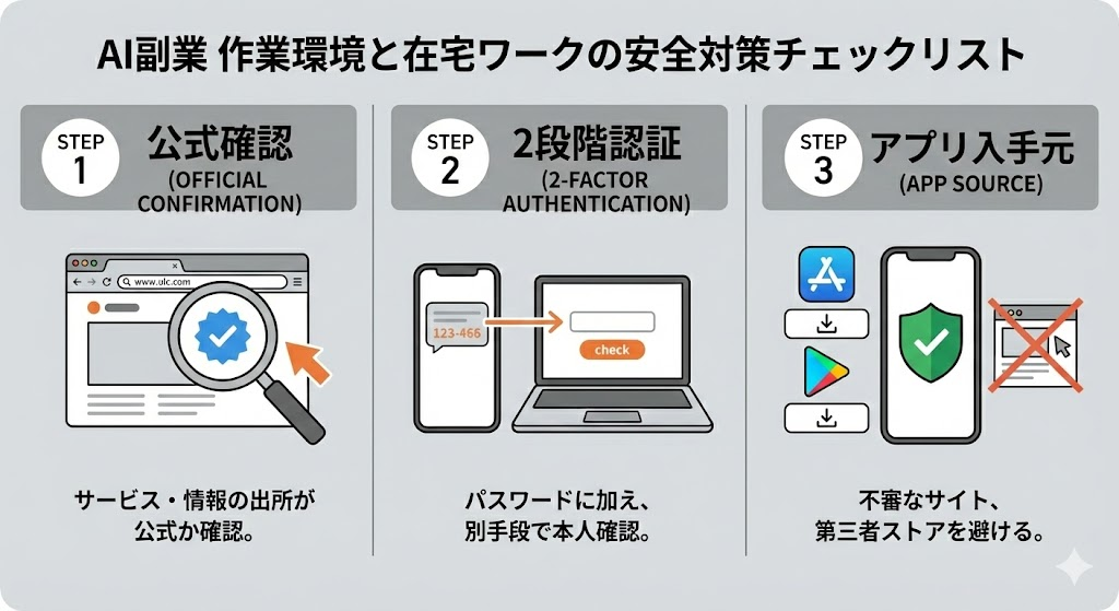 説明：公式確認・2段階認証・アプリ入手元などのチェックリスト画像  ALTテキスト：AI副業 作業環境と在宅ワークの安全対策チェックリスト