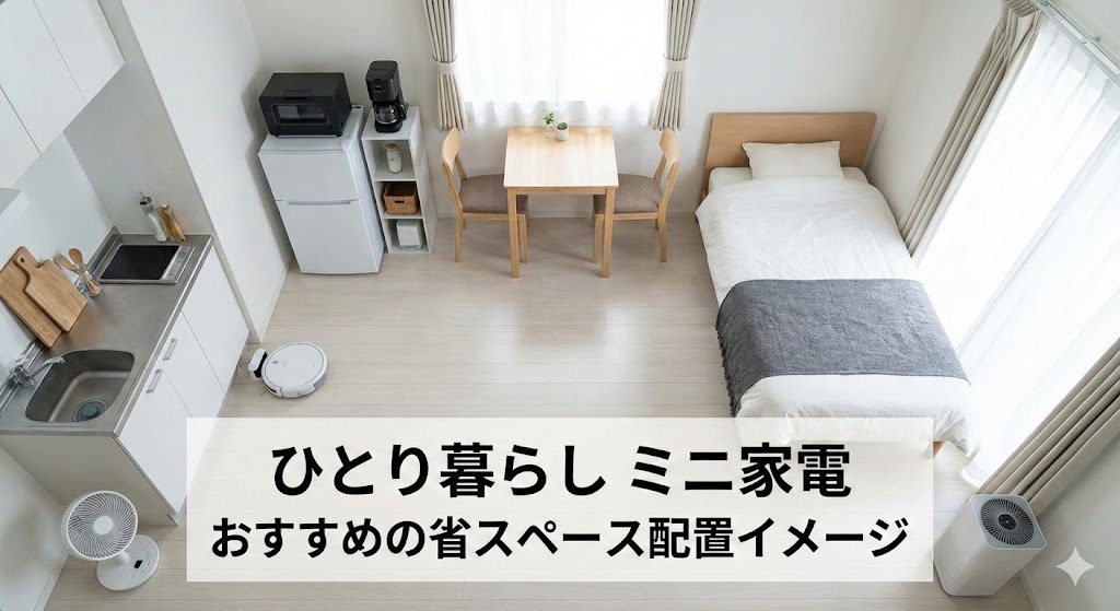 説明：ワンルームの部屋にミニ家電を最小限で配置した俯瞰イメージ  ALTテキスト：ひとり暮らし ミニ家電 おすすめの省スペース配置イメージ