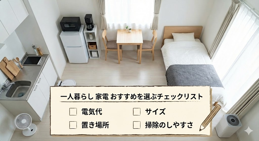 説明：ワンルームの部屋にミニ家電を最小限で配置した俯瞰イメージ ALTテキスト：ひとり暮らし ミニ家電 おすすめの省スペース配置イメージ
