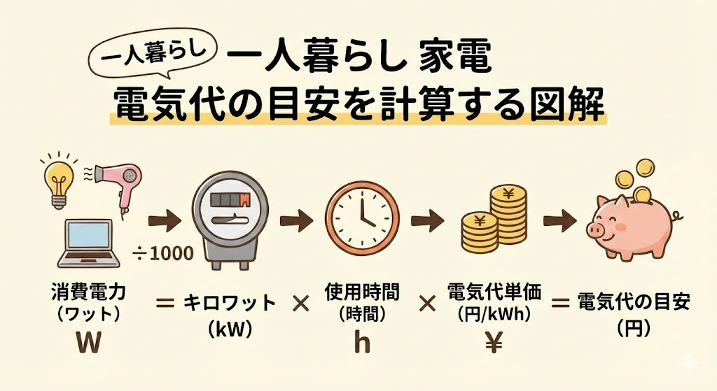 説明：電気代の計算式（W→kW→時間→単価）を図解したシンプルなイラスト  ALTテキスト：一人暮らし 家電 電気代の目安を計算する図解