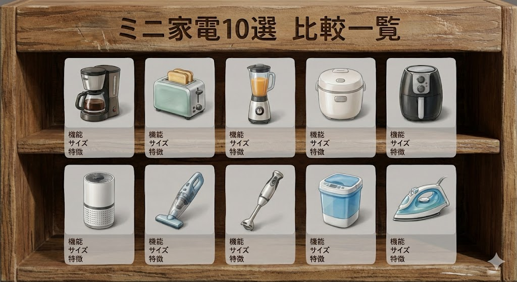 説明：ミニ家電10個のアイコンが並ぶ比較一覧のイメージ  ALTテキスト：ミニ家電 省スペースのおすすめ10選比較イメージ