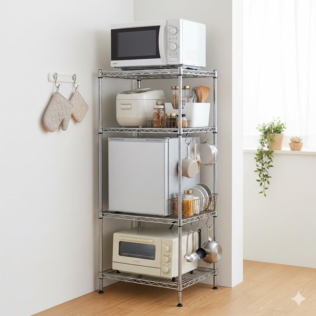 説明：キッチンラックで家電を縦に収納している省スペース例  ALTテキスト：ワンルーム 家電 省スペース収納のイメージ