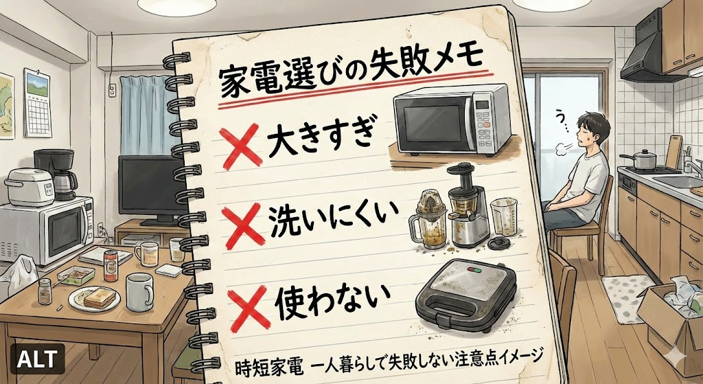 説明：家電選びの失敗メモ（大きすぎ・洗いにくい・使わない）に×印がついたイメージ  ALTテキスト：時短家電 一人暮らしで失敗しない注意点イメージ