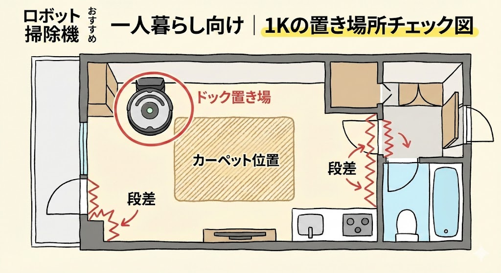 説明:ワンルーム/1Kの間取り図に、ドック置き場・段差・カーペット位置をマーキングした図解 ALTテキスト:ロボット 掃除機 おすすめ 一人暮らし向け|1Kの置き場所チェック図