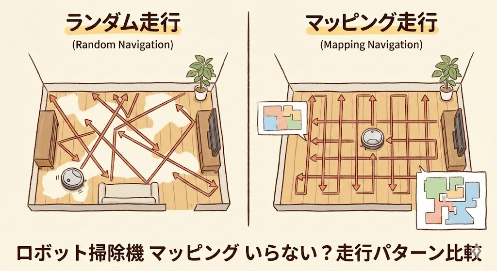 説明:ランダム走行とマッピング走行の違いを、矢印で比較したイラスト ALTテキスト:ロボット掃除機 マッピング いらない?走行パターン比較