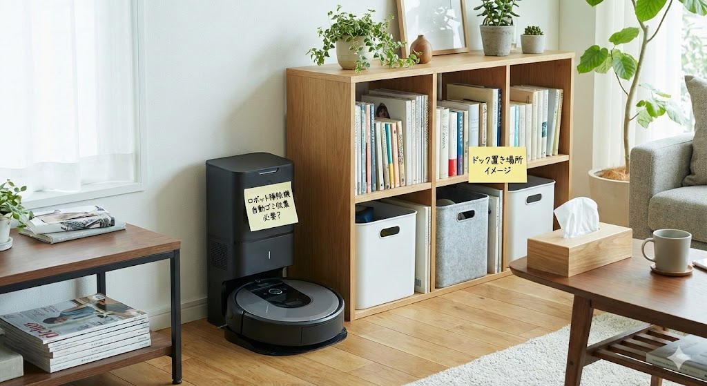 説明:自動ゴミ収集ドックのサイズ感を、棚や日用品と並べた写真風イメージ ALTテキスト:ロボット掃除機 自動ゴミ収集 必要?ドック置き場所イメージ