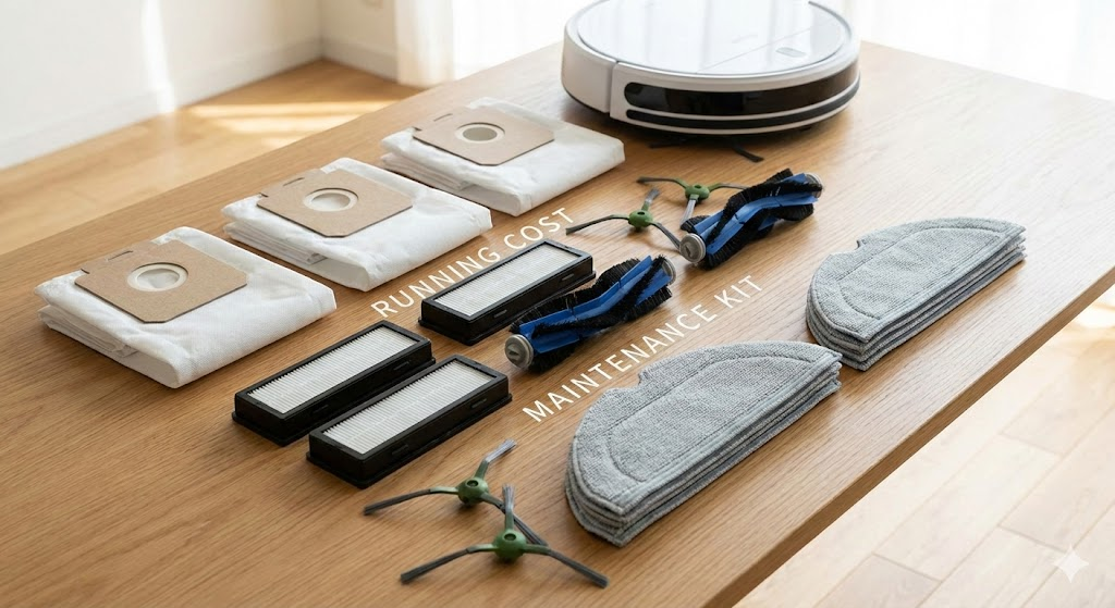 説明:消耗品(紙パック・フィルター・ブラシ・モップ)を並べたメンテナンスイメージ ALTテキスト:ロボット掃除機 ランニングコスト 紙パック フィルターのイメージ