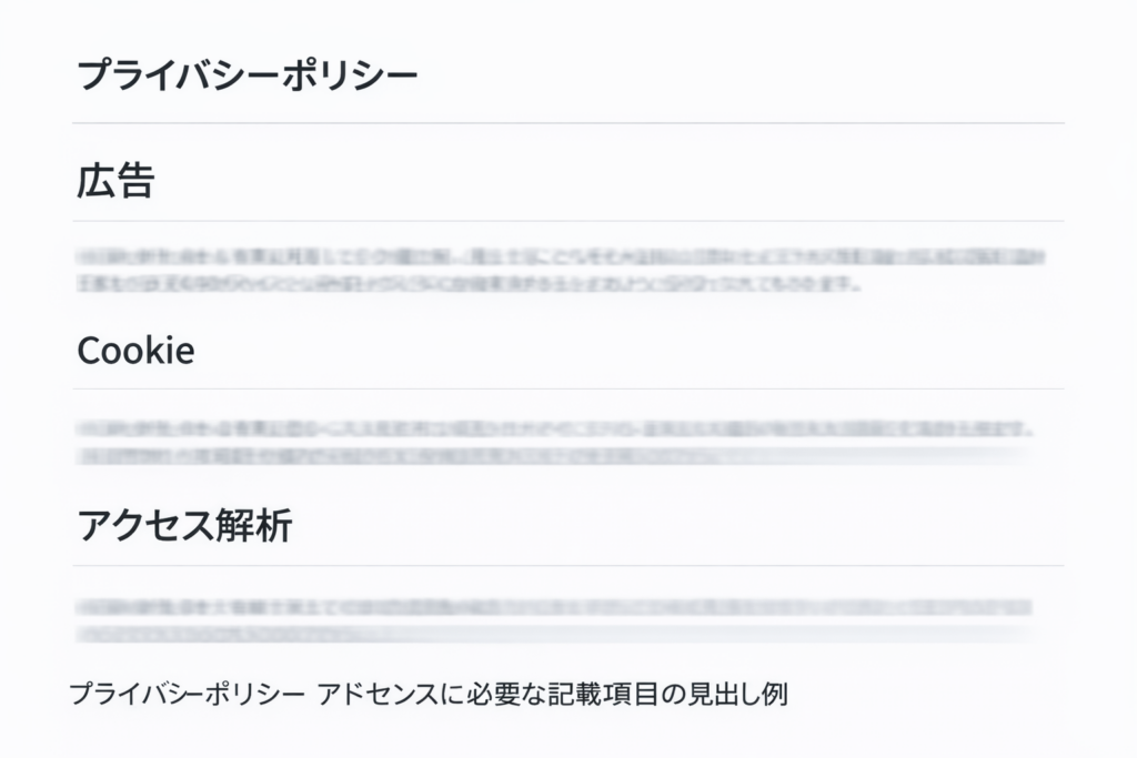 説明：プライバシーポリシー内の見出し例（広告／Cookie／アクセス解析が並んでいる） ALTテキスト：プライバシーポリシー アドセンスに必要な記載項目の見出し例