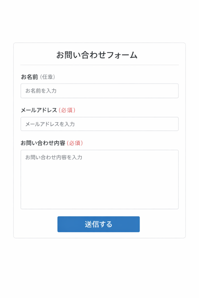 説明：お問い合わせフォームの入力項目を最小限にした例（名前任意・メール必須など） ALTテキスト：お問い合わせフォーム アドセンス審査向けの最低限構成