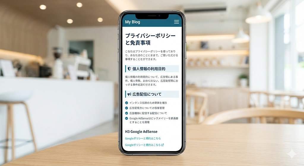 説明：スマホ表示で固定ページが読みやすい（短い段落・見出し・箇条書き）例  ALTテキスト：アドセンス 固定ページ 必須ページをスマホで読みやすく整えた例  この画像つくれ