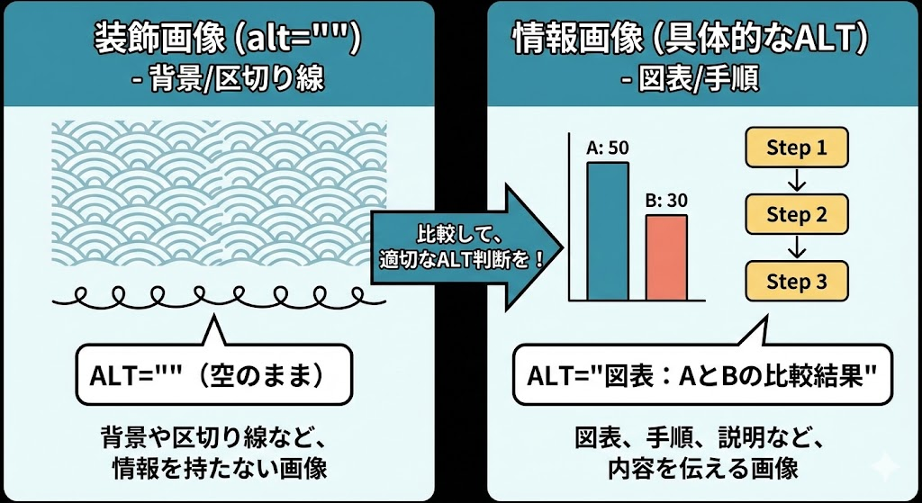 装飾画像と情報画像のALT判断基準(alt=""の例)