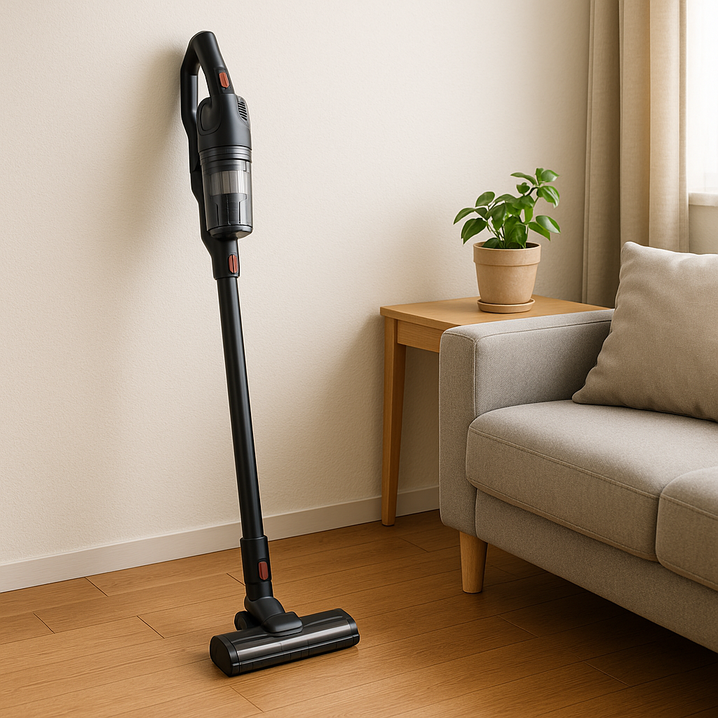 リビングの壁にコードレス掃除機が立てかけてある画像