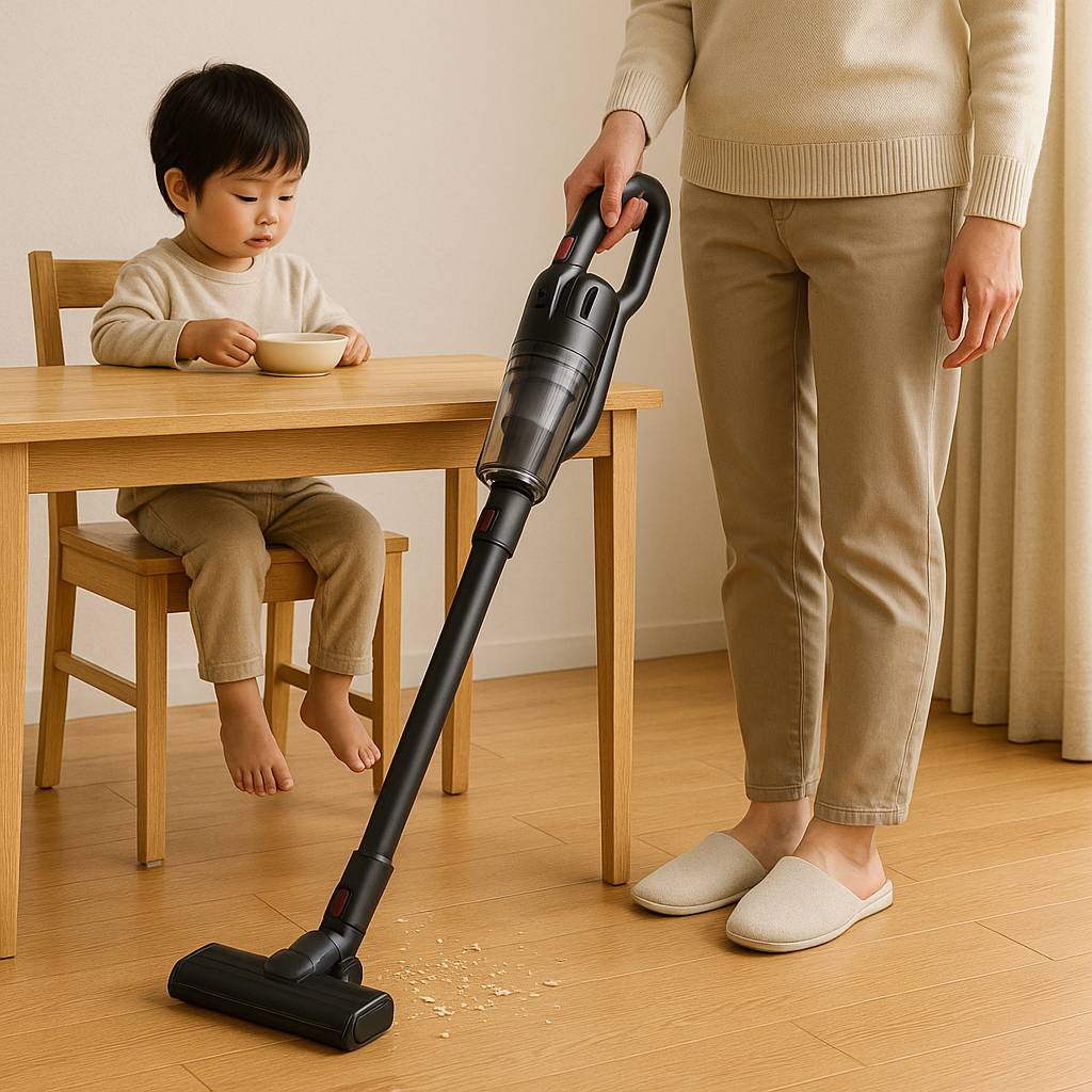 子供が食べこぼした食べかすをお母さんがコードレス掃除機で吸っている画像