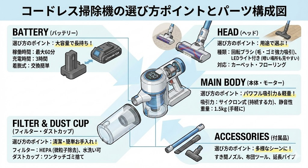 コードレス掃除機の選び方とパーツの構成図