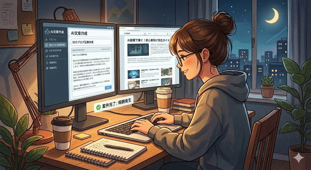 説明：文章作成AIの画面と、完成したブログ記事の画面を並べたイメージ  ALTテキスト：生成AIを使ってブログ記事を書くai 副業 案件のイメージ