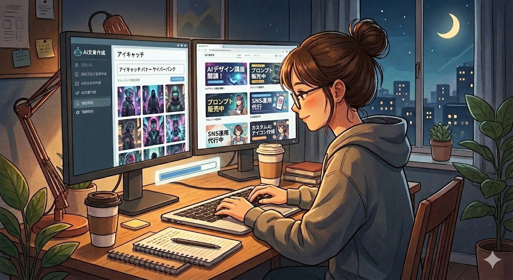 説明：画像生成AIで作られたアイキャッチ画像やバナーが並んでいるイメージ  ALTテキスト：AI画像生成を活用したai 副業 案件の作例イメージ