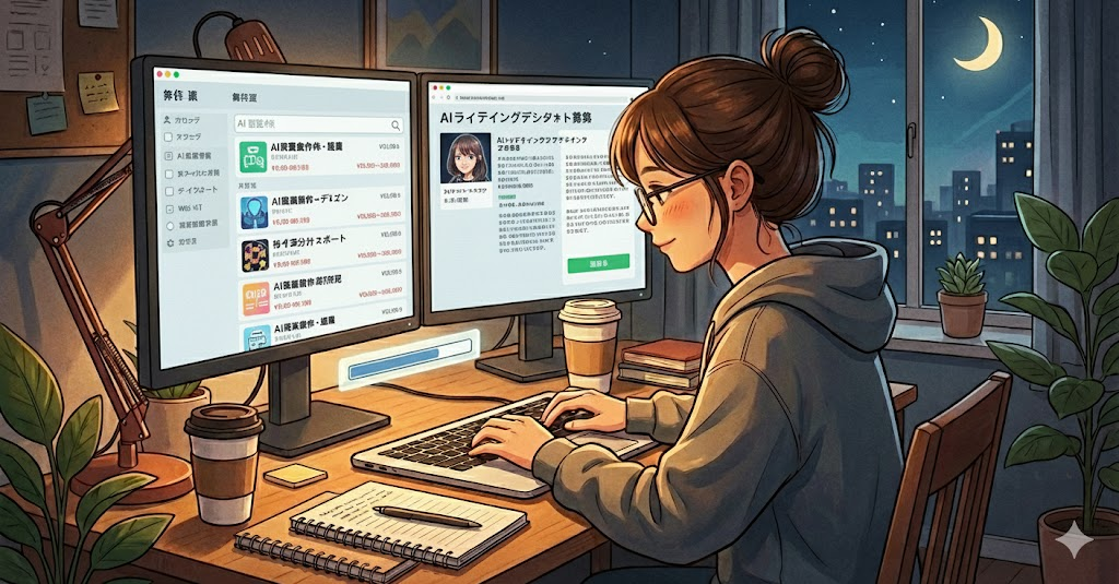 説明：クラウドソーシングサイトの案件一覧画面をイメージした図（具体的なサービス名は出さず、抽象的なUI）  ALTテキスト：クラウドソーシングでai 副業 案件 検索をしているイメージ画像