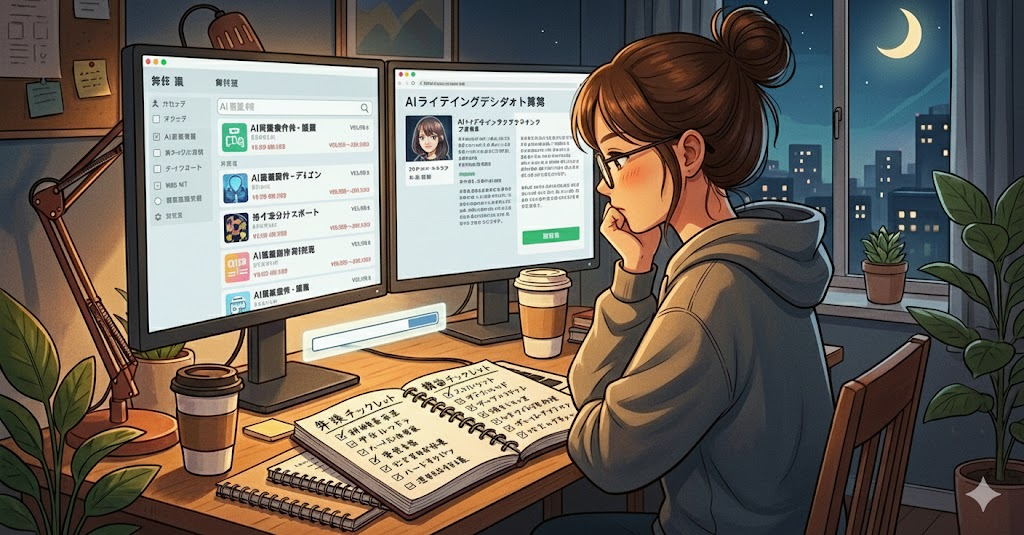 説明：失敗と成功のチェックリストが並んだノートと、それを見ながら考えている人物のイラスト  ALTテキスト：ai 副業 案件で失敗しないためのチェックポイントを確認するイメージ