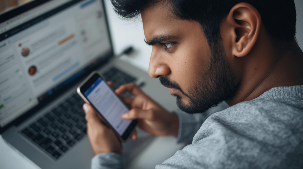 説明：ChatGPTの画面と、横でスマホを見ながらブログの記事構成を考えている初心者の様子  ALTテキスト：ChatGPT 副業 初心者がブログ記事の構成を作成しているイメージ画像