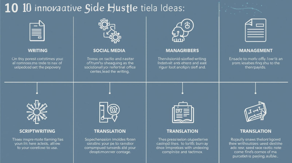 説明：10個の副業アイデアをカテゴリ別に並べた図解（ライティング・SNS・台本・翻訳などのアイコン）  ALTテキスト：ChatGPTでできる10個の副業アイデアを一覧でまとめた図解イメージ