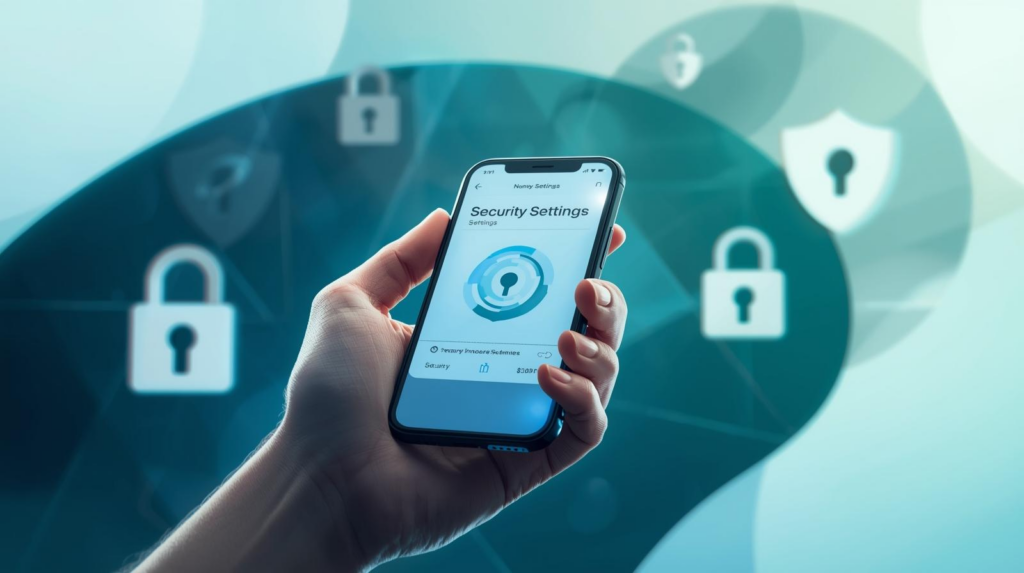 説明：セキュリティ設定の画面（鍵アイコンやシールドアイコンの抽象イラスト）とスマホを持つ手元  ALTテキスト：オンライン副業前にアカウントのセキュリティ設定を見直すイメージ画像