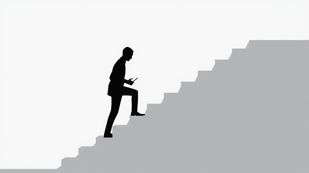 説明：小さな一歩を踏み出すように、階段を一段登っている人物のシルエット  ALTテキスト：ChatGPT 副業 初心者が小さな一歩を踏み出して行動を始めるイメージ