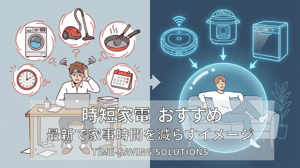 画像1  説明：忙しそうな共働き家庭（または一人暮らしの人）が、洗濯・掃除・料理アイコンに追われているイラストと、時短家電が助けてくれているイメージ  ALTテキスト：時短家電 おすすめ 最新で家事時間を減らすイメージ