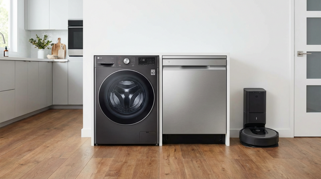 説明：ドラム式洗濯乾燥機・食器洗い乾燥機・ロボット掃除機の3つが並んでいるイメージ写真またはイラスト  ALTテキスト：代表的な時短家電 おすすめ 最新の3種類（洗濯機・食洗機・ロボット掃除機）