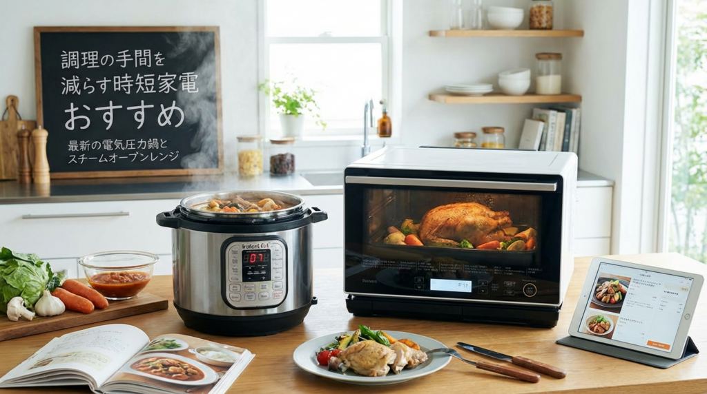 説明：電気圧力鍋とスチームオーブンレンジで同時に料理しているキッチンのイメージ  ALTテキスト：調理の手間を減らす時短家電 おすすめ 最新の電気圧力鍋とスチームオーブンレンジ