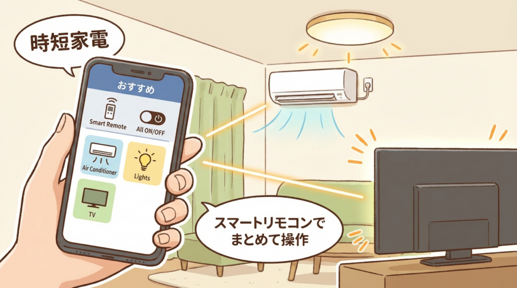 説明：スマホの画面から、エアコン・照明・テレビなどの家電をまとめて操作しているイラスト  ALTテキスト：スマートリモコンで時短家電 おすすめ 機器をまとめて操作するイメージ
