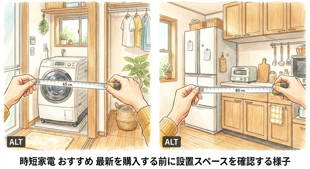 説明：洗濯機置き場やキッチンスペースをメジャーで測っている手元のイラスト  ALTテキスト：時短家電 おすすめ 最新を購入する前に設置スペースを確認する様子