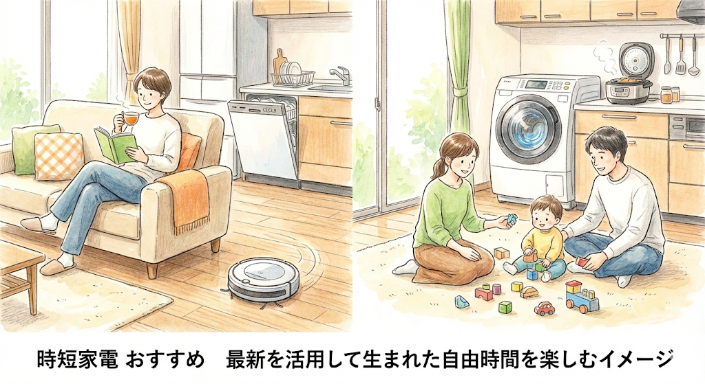説明：時短家電が動いている横で、家族や一人暮らしの人がリラックスして本を読んだり、子どもと遊んだりしているイメージ  ALTテキスト：時短家電 おすすめ 最新を活用して生まれた自由時間を楽しむイメージ
