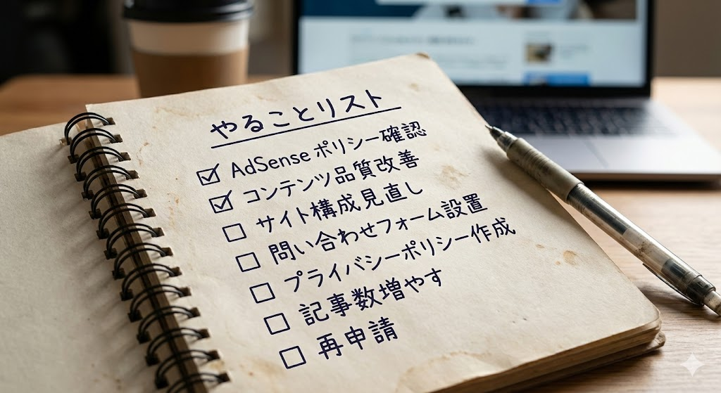 説明:ノートに「やることリスト」がチェックボックス付きで書かれているイメージ ALTテキスト:アドセンス 審査 落ちた ときにやることチェックリストのイメージ画像