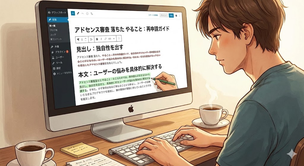 説明:PCで記事編集画面を開き、見出しや本文をリライトしている様子のイラスト ALTテキスト:アドセンス 審査 落ちた やることとして記事をリライトしているイメージ画像