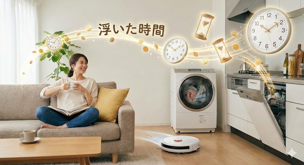 説明:ロボット掃除機やドラム式洗濯機、食洗機などの時短家電と時計、家事をする人を組み合わせたイメージ ALTテキスト:時短家電 時間 浮いた 効果をイメージした家事シーンの画像