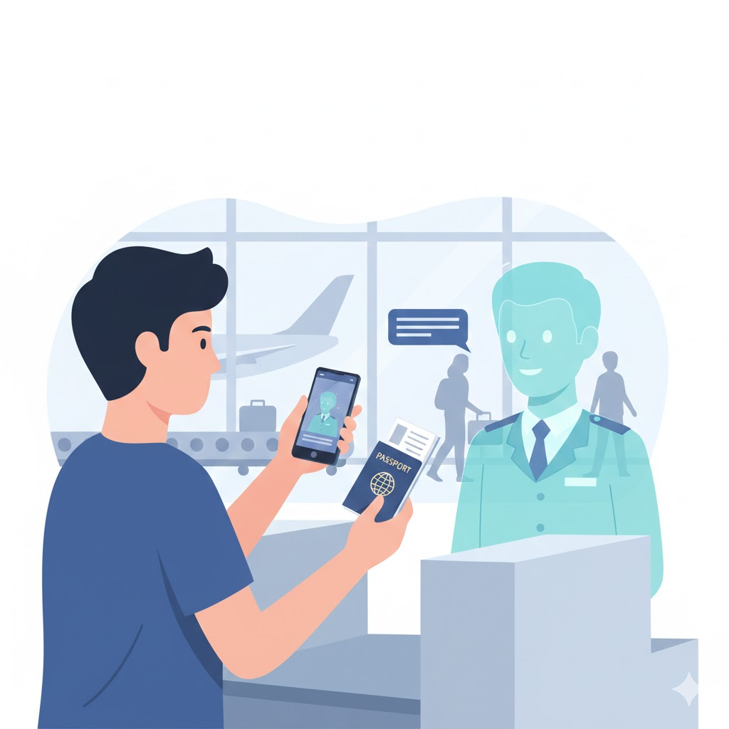 空港の税関で生成AIを使って翻訳しているイラスト