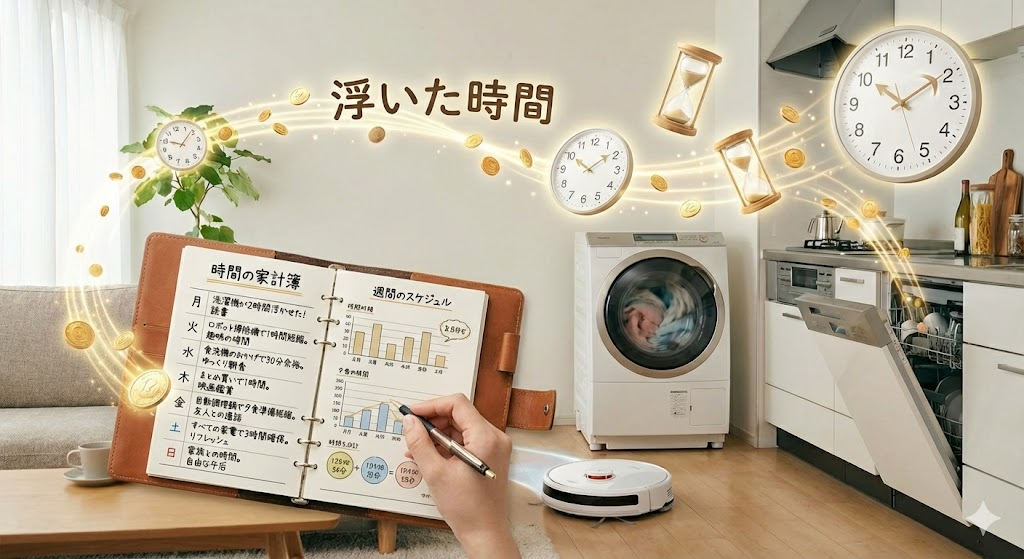 説明:1週間のスケジュールや家事時間が書き込まれたノートとペンのイメージ
ALTテキスト:時短家電で浮いた時間を“時間の家計簿”として記録しているイメージ