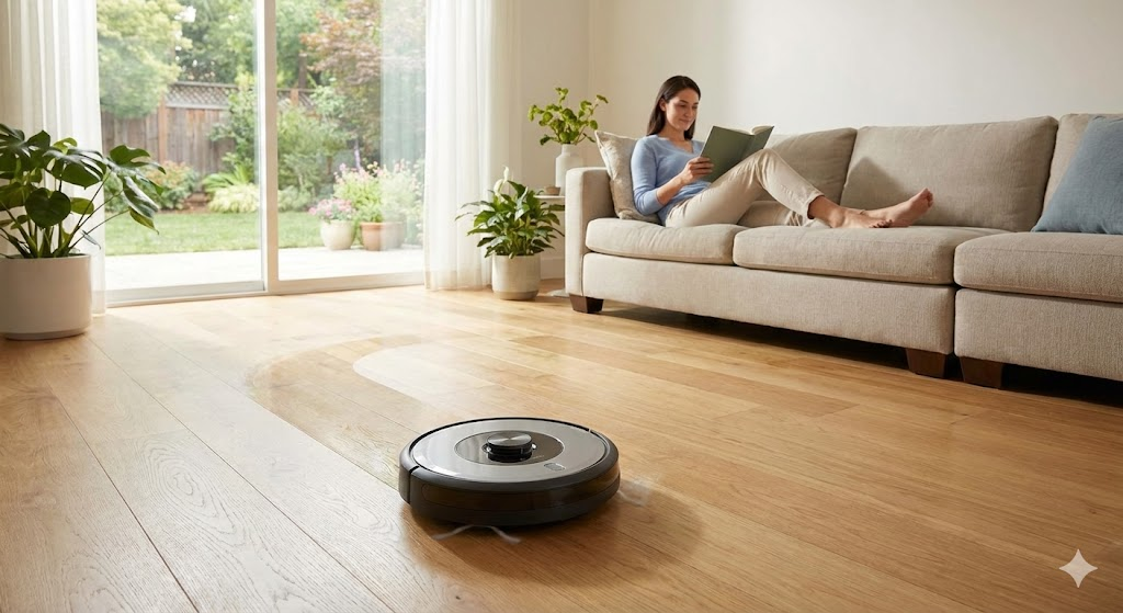 説明:リビングの床をロボット掃除機が自動で掃除している様子
ALTテキスト:ロボット掃除機で掃除の時間を削減して時短家電で時間が浮いたイメージ