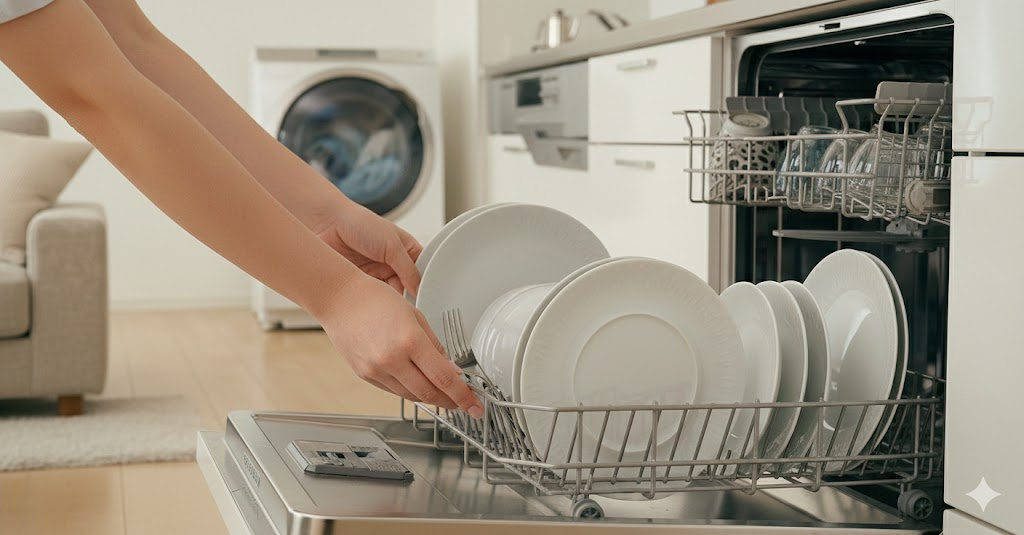 説明:食洗機に食器をセットしている手元のクローズアップ
ALTテキスト:食洗機を使って食器洗いの時間を減らす時短家電のイメージ