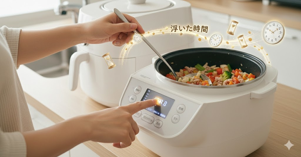説明:電気調理鍋や自動調理機能付きの調理家電に材料を入れてボタンを押している様子
ALTテキスト:自動調理できる時短家電で料理時間を短縮して時間を浮かせているイメージ