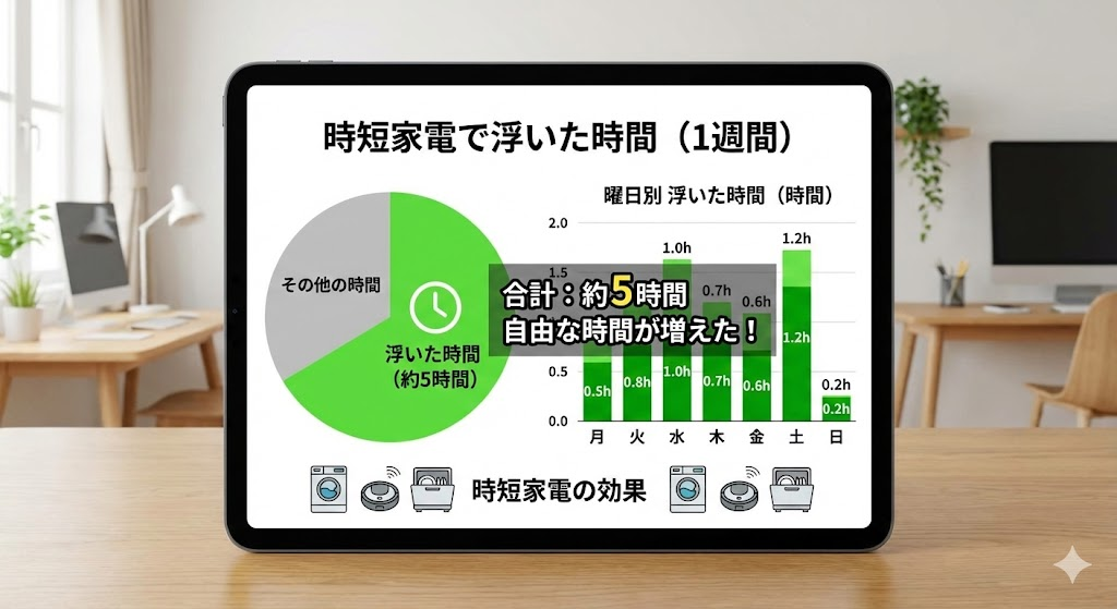 説明:1週間で約5時間の“浮いた時間”を円グラフや棒グラフで可視化した図
ALTテキスト:時短家電で1週間に浮いた時間をグラフで見える化した図解