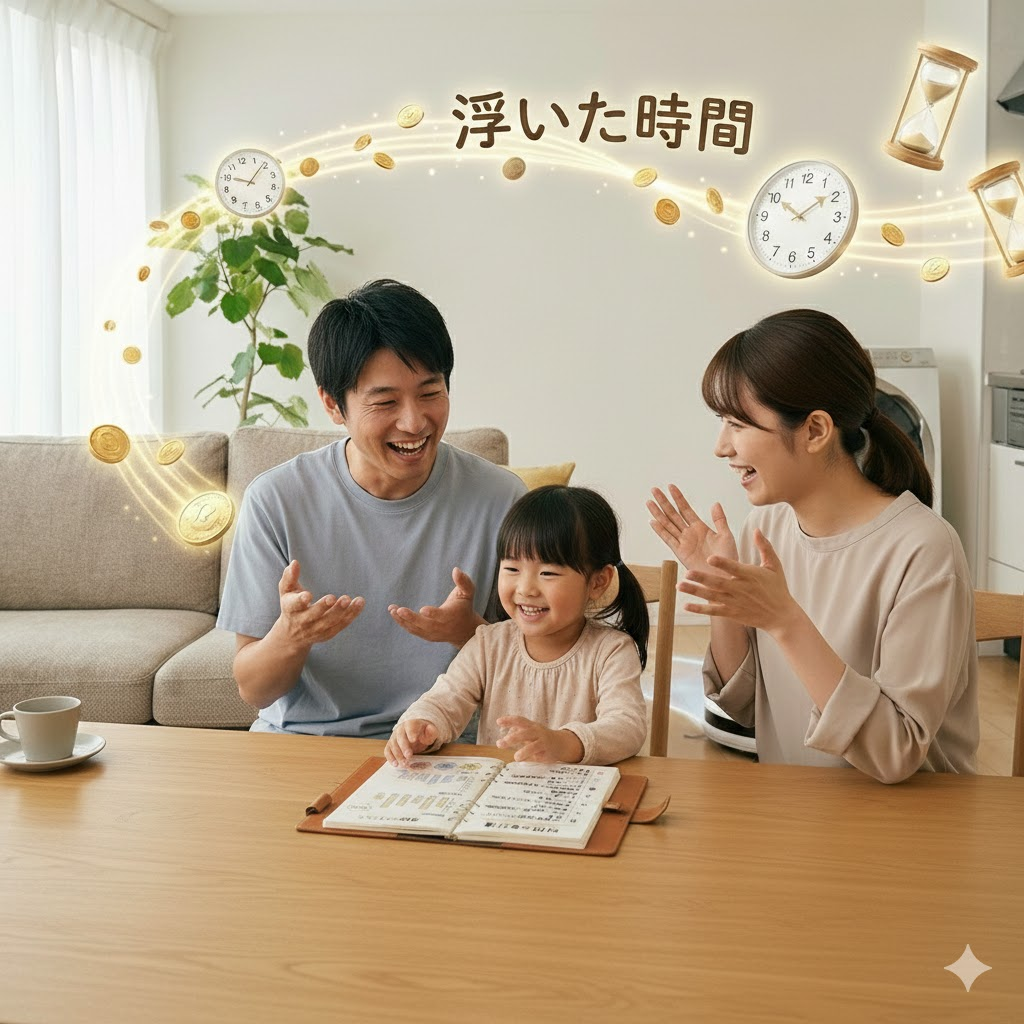 説明:家族がテーブルを囲んで、浮いた時間の使い方について楽しそうに話し合っているイメージ
ALTテキスト:時短家電で浮いた時間の使い道を家族で話し合う様子