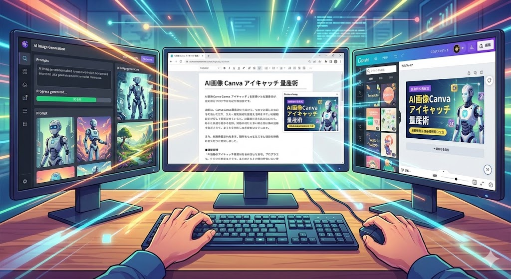 説明:PC画面でブログを書きながら、横にAI画像生成ツールとCanvaの画面が並んでいるイメージイラスト ALTテキスト:AI画像 Canva アイキャッチ 量産の全体イメージ図